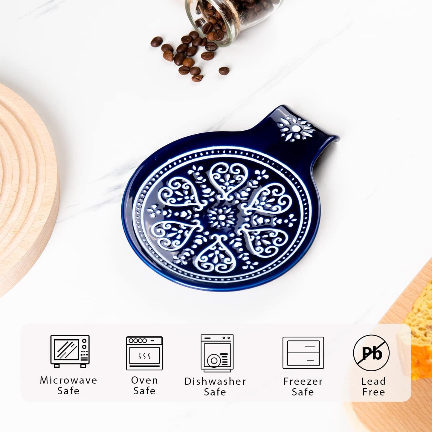 Porcelain Spoon Rest, Ceramic Utensils Holder for Kitchen Counter and Stove Top, Modern Farmhouse Decorative, Navy