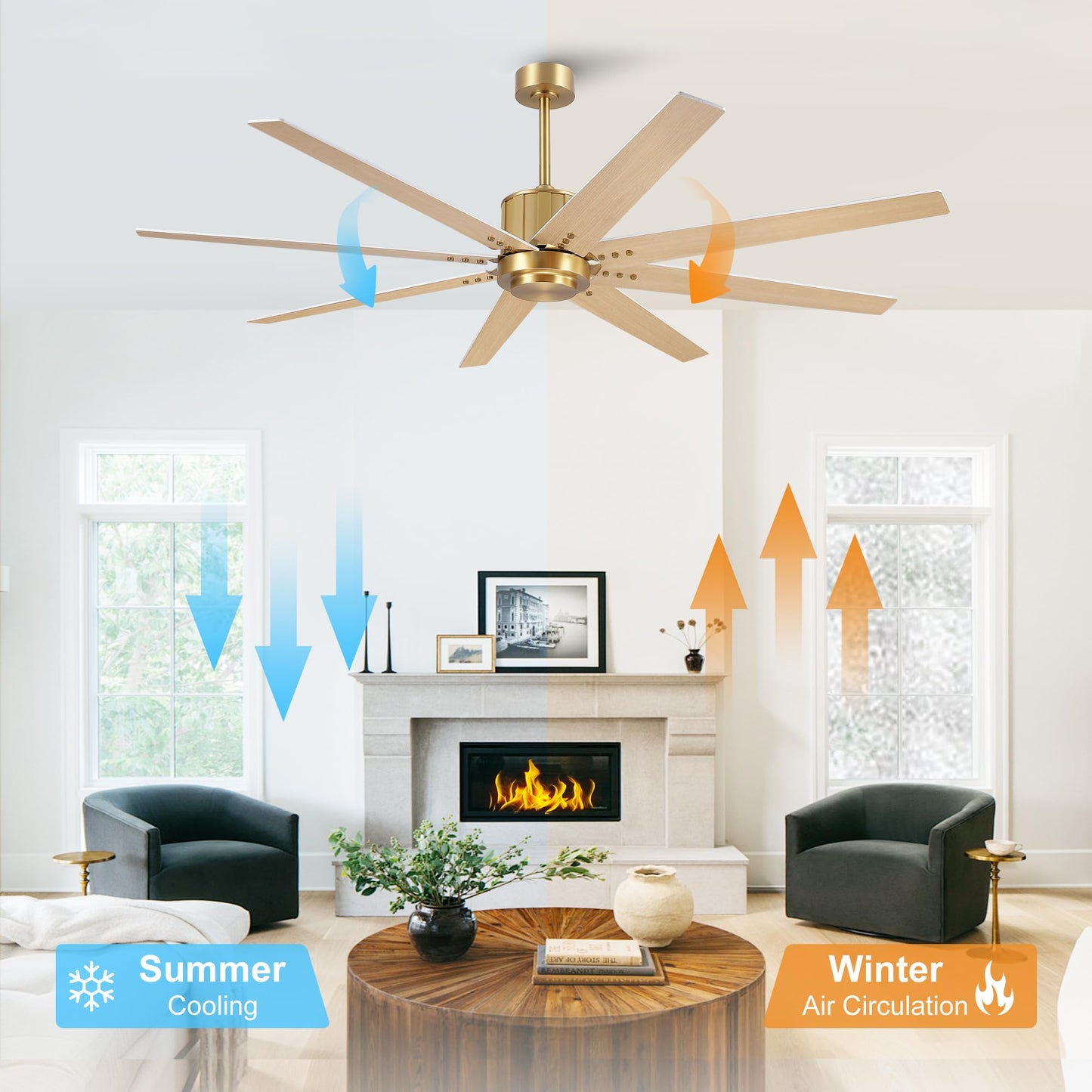 WINGBO 64" Ceiling Fan without Light, Modern Large Ceiling Fan with Remote Control, 6-Speed Reversible Noiseless DC Motor, Gold and White/Oak Blades for Living Room, Bedroom & Covered Outdoor