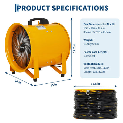 GarveeTech 12 Inch Heavy Duty Utility Blower Fan, 3500 CFM Industrial Air Mover High Velocity, with 32.8ft Flexible Duct, Portable Industrial Exhaust Fan for Extraction and Ventilation