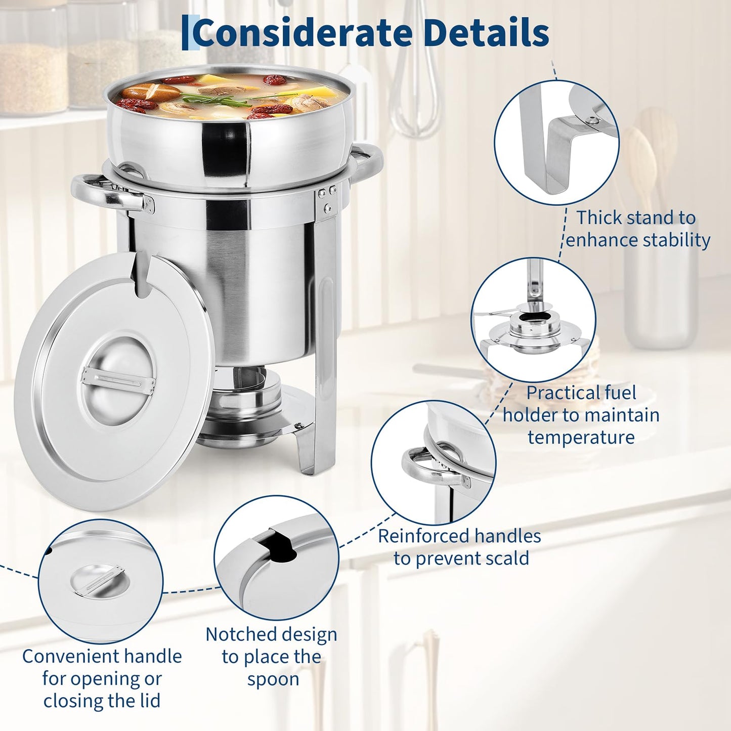 GarveeHome 11QT Soup Chafer Set of 2, Stainless Steel Round Soup Warmer with Pot, Notched Lids & Fuel Holders, Commercial Food Warmer for Buffets, Events and Party Service