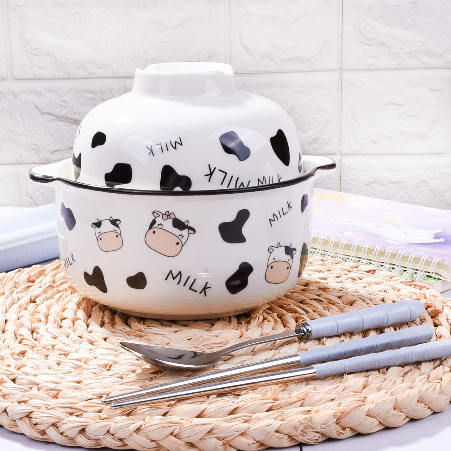 BOSILI Ceramic Bowl Set with Lid Chopsticks and Spoon 23.6 OZ Perfect for Soup Ramen Noodles and More Microwave Safe