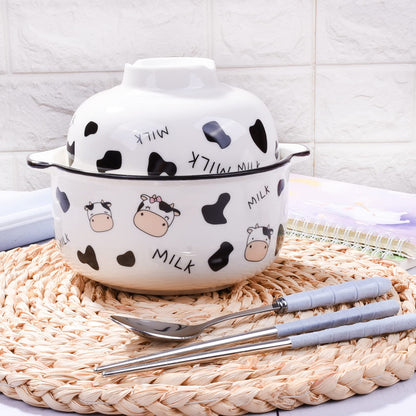 BOSILI Ceramic Bowl Set with Lid Chopsticks and Spoon 23.6 OZ Perfect for Soup Ramen Noodles and More Microwave Safe
