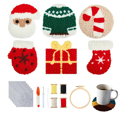 yesJRL Punch Needle Coasters Kit, Set of 6 Starter Needle Embroidery DIY Set for Beginners Adults, Easy Coasters Kit with Adhesive Felt, Yarns, Embroidery Hoop (Red Christmas)