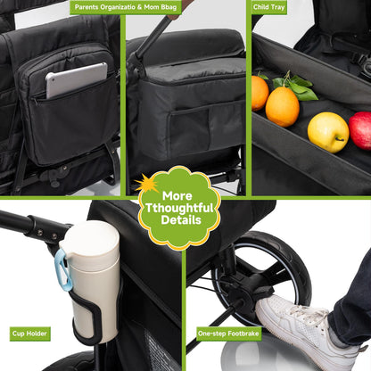 Voupou Wagon Stroller for 2 Kids,Push Pull Wagon with Adjustable Handle, Folding Wagon with Canopy & Mosquito Net, All-Terrain Wheels,Cup Holder & Snack Tray,Storage&Mom Bag,for Camping Beach Travel