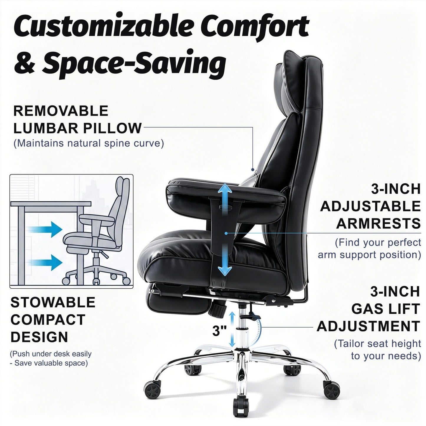 Efomao Big and Tall Office Chair 400lbs - Heavy Duty Reclining Desk Chair with Footrest, Spacious High Back PU Leather Executive Chair, Double-Layer Spring Support, Black