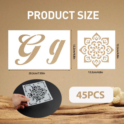 Large Alphabet Mandala Stencils – 2 & 4 Inch Reusable Upper & Lowercase Letters, Numbers, 45PCS Templates for Calligraphy, DIY Painting, Journals, Wood & Fabric Art