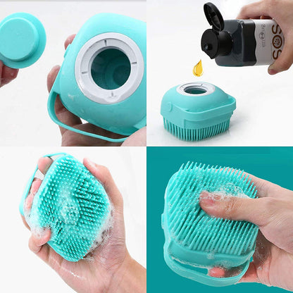Misthis Portable Dog Bath Brush - Pet Massage Brush Shampoo Dispenser Soft Silicone Brush Rubber Bristle for Dogs and Cats Shower Grooming (Blue)
