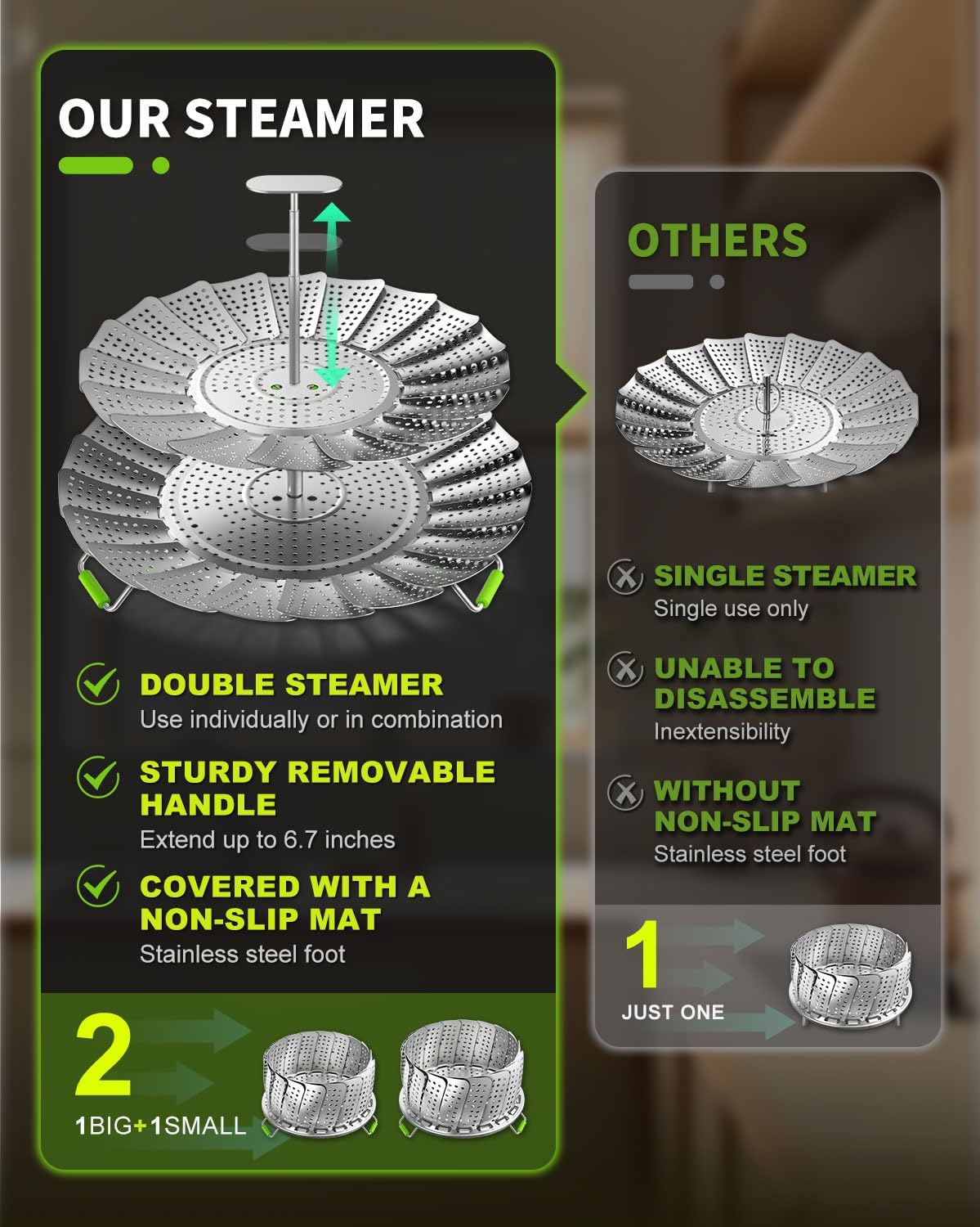 Vegetable Steamer Basket - 2 Layer Large Capacity Food Steamer for Cooking, Stainless Steel Folding Expandable
