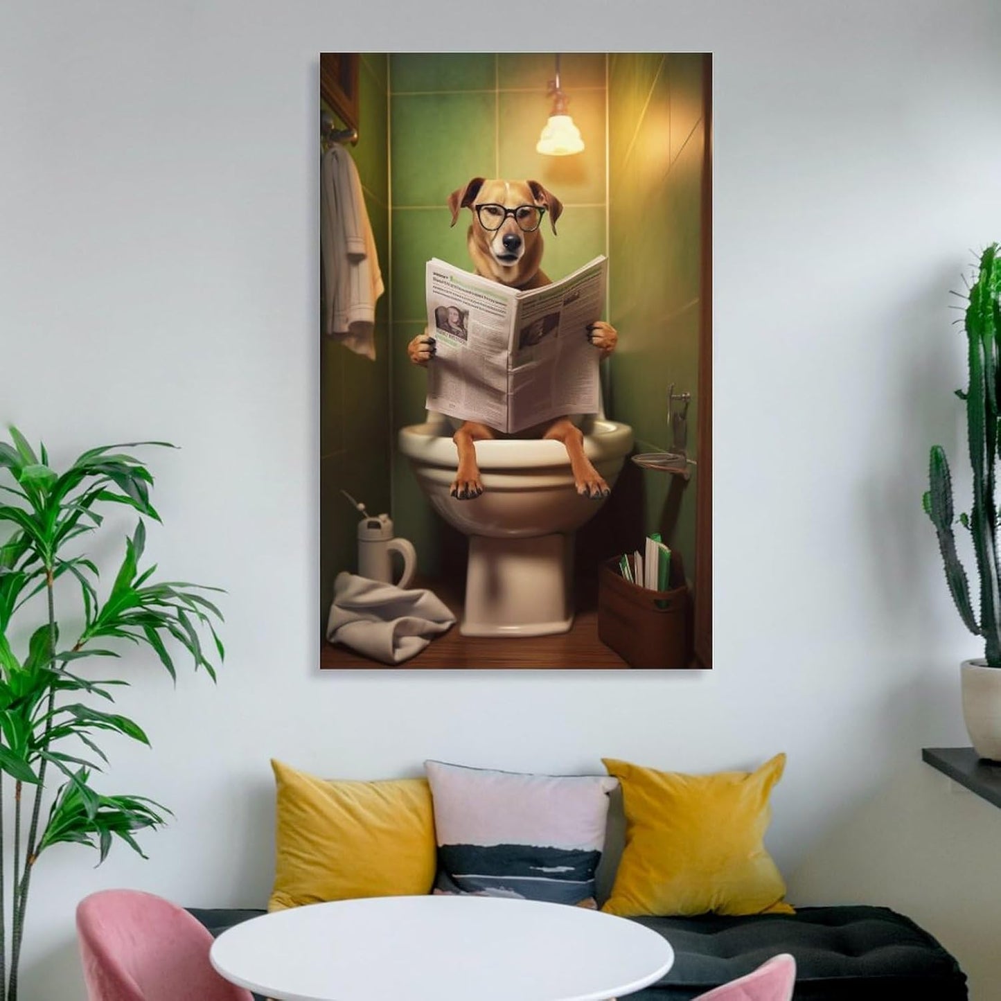 FireDeer Funny Bathroom Canvas Wall Art - Dog Reading Newspaper on Toilet Poster Humor Painting for Farmhouse Decor