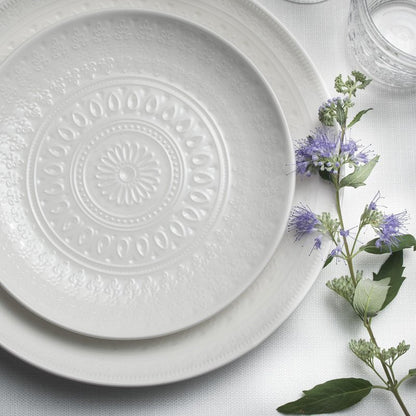 Euro Ceramica Fez Collection Stoneware Durable White 16-Piece Double Bowl Dinnerware Set, Teardrop Mandala design, Service for 4 with two sizes bowls assorted