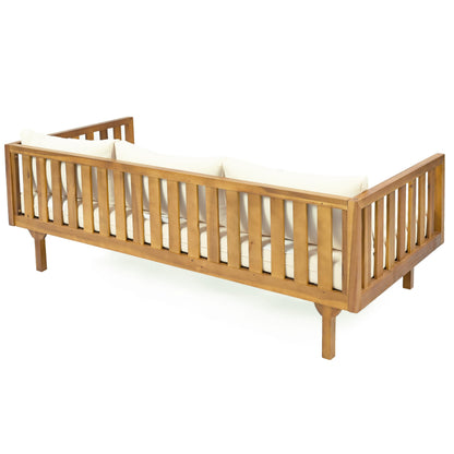 Christopher Knight Home Claremont Outdoor 3 Seater Acacia Wood Daybed with Fabric Water Resistant and Removable Cushions, Patio Garden Poolside Sofa with Slat Paneling Armrest and Back, Teak and Beige