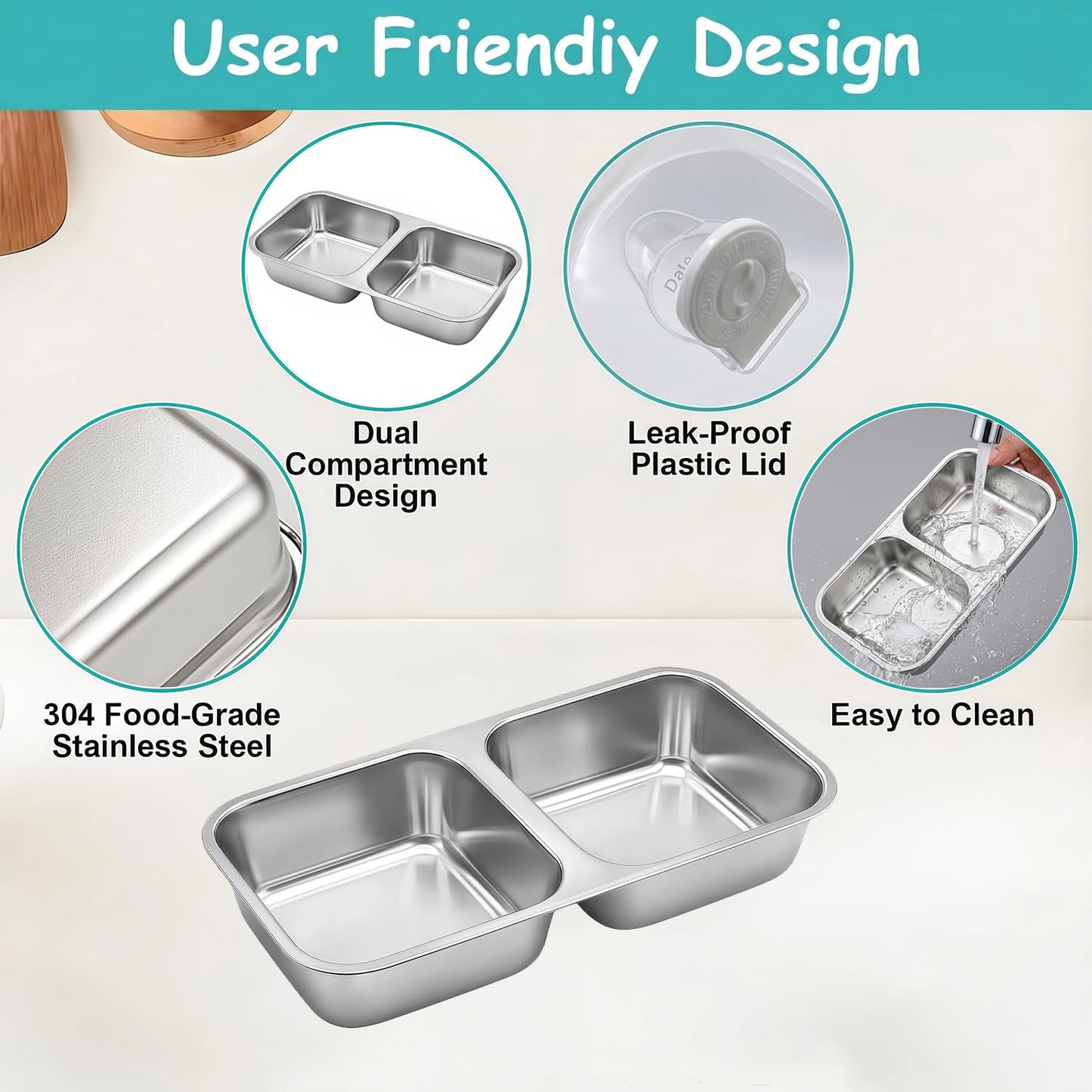 BSTUR 6 Pack Stainless Steel Snack Containers, 2 Compartment Reusable Metal Snack Boxes Containers with Leak-Proof Lids, Compact Lunch Box Food Storage Container
