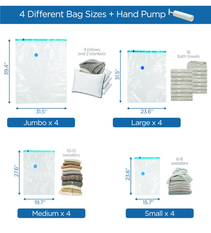 Honey-Can-Do 16-Pack Vacuum Storage Bags Variety Pack with Hand Pump Included