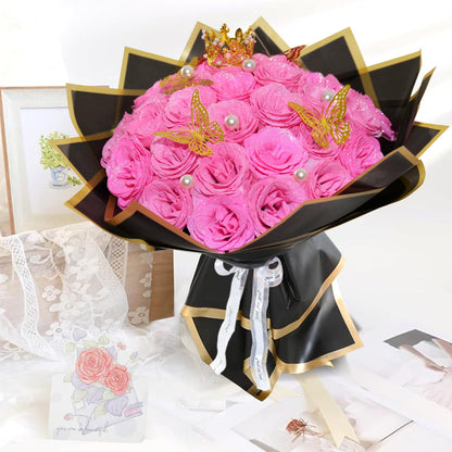 Pink Glitter Roses Bouquet, 24 Pcs Shiny Glitter Flowers Bouquet, Everlasting Artificial Roses Bouquet for Mothers Day, Birthday, Anniversary, Wedding, Engagement, Christmas