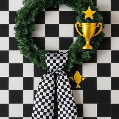 Checkered Racing Wreath Sash - Black & White Tie Bow for Race Car Holiday Decor | DIY Home Accessories