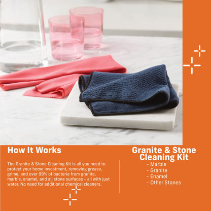E-Cloth Granite & Stone Cleaning Kit, Premium Microfiber Cleaning Cloth, Ideal Cleaner and Polish for Granite, Marble and Other Stone Countertops, 100 Wash Guarantee, 2 Cloth Set