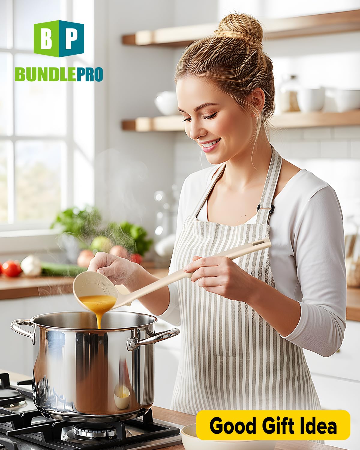 Silicone Pasta Fork and Soup Ladle Set, Heat Resistant Non Stick Kitchen Utensils with Back Hooks, Suitable for Cooking, Stirring, Serving Spaghetti, Soup, Sauce(KHAKI)
