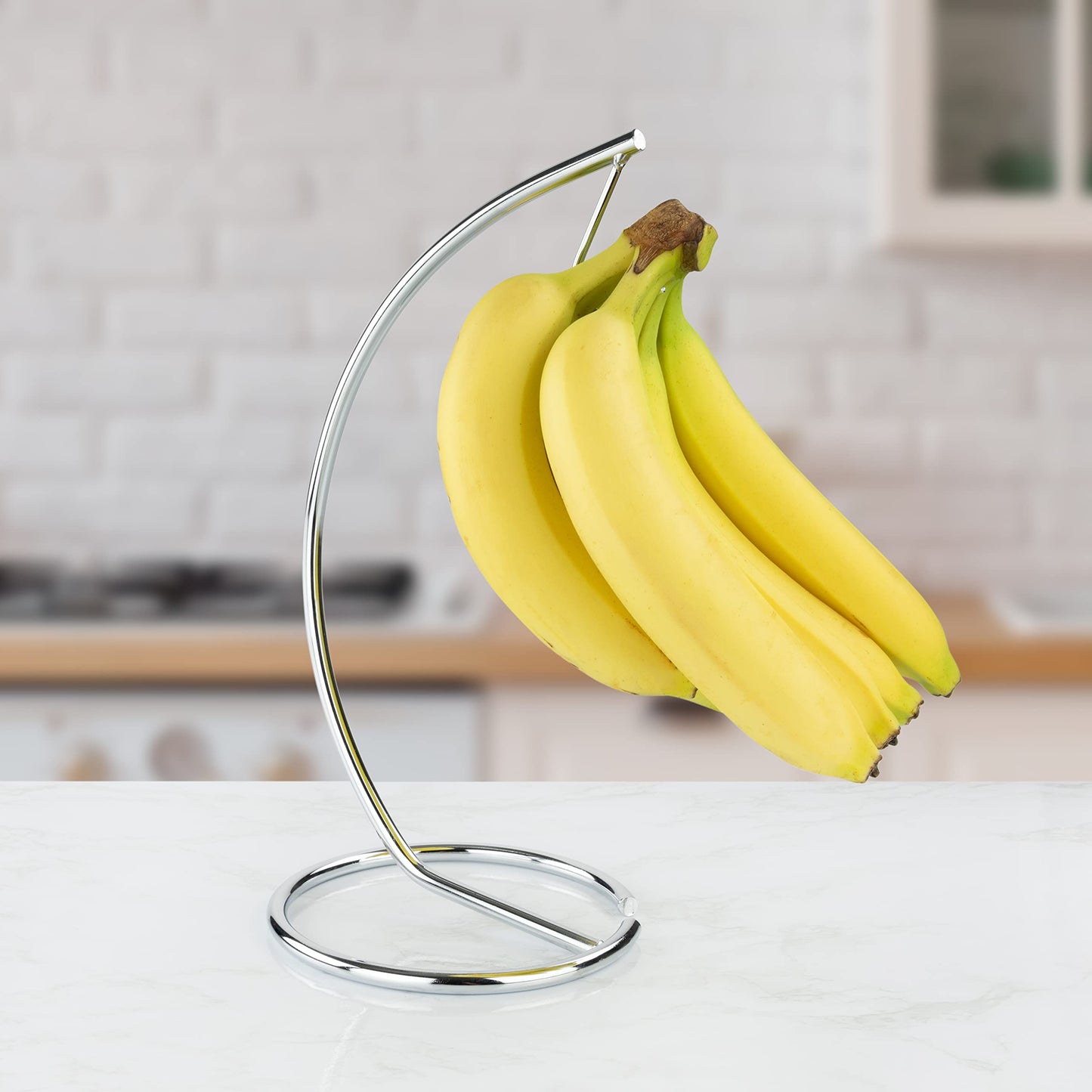 Spectrum Euro Modern Chrome Banana Hook Stand Metal Holder for Countertop Kitchen Storage Organization Steel Banana Hanger with Sturdy Base for Stable Fruit Ripening of Standard and Large Bunches