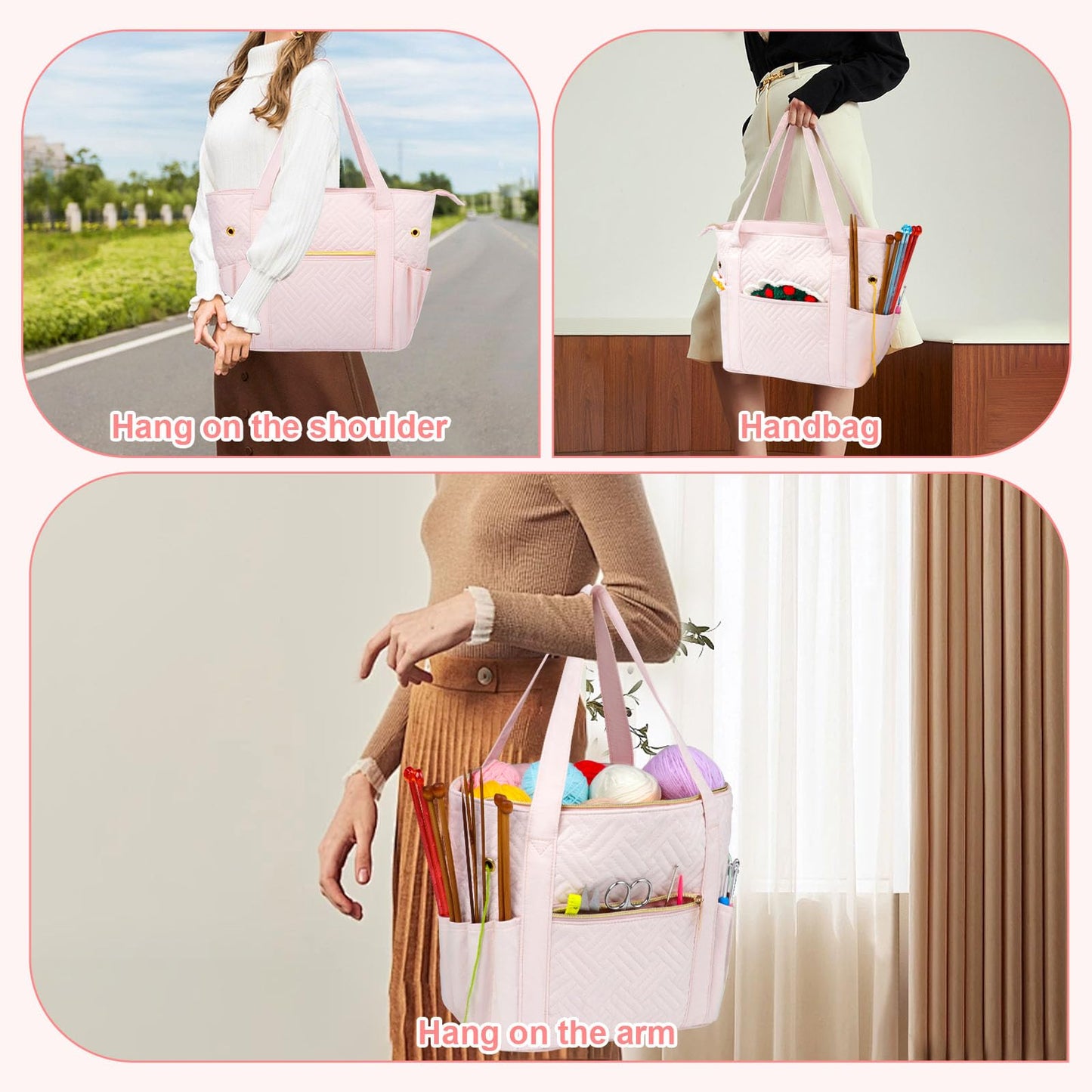 Veirdro Crochet Bag Organizer for Yarn Storage, Velvet Knitting Tote Bag with Double Handle for Crochet Accessories, Portable Travel Case for Yarn Balls, Crochet Hooks& Knitting Needles Holder (Pink)