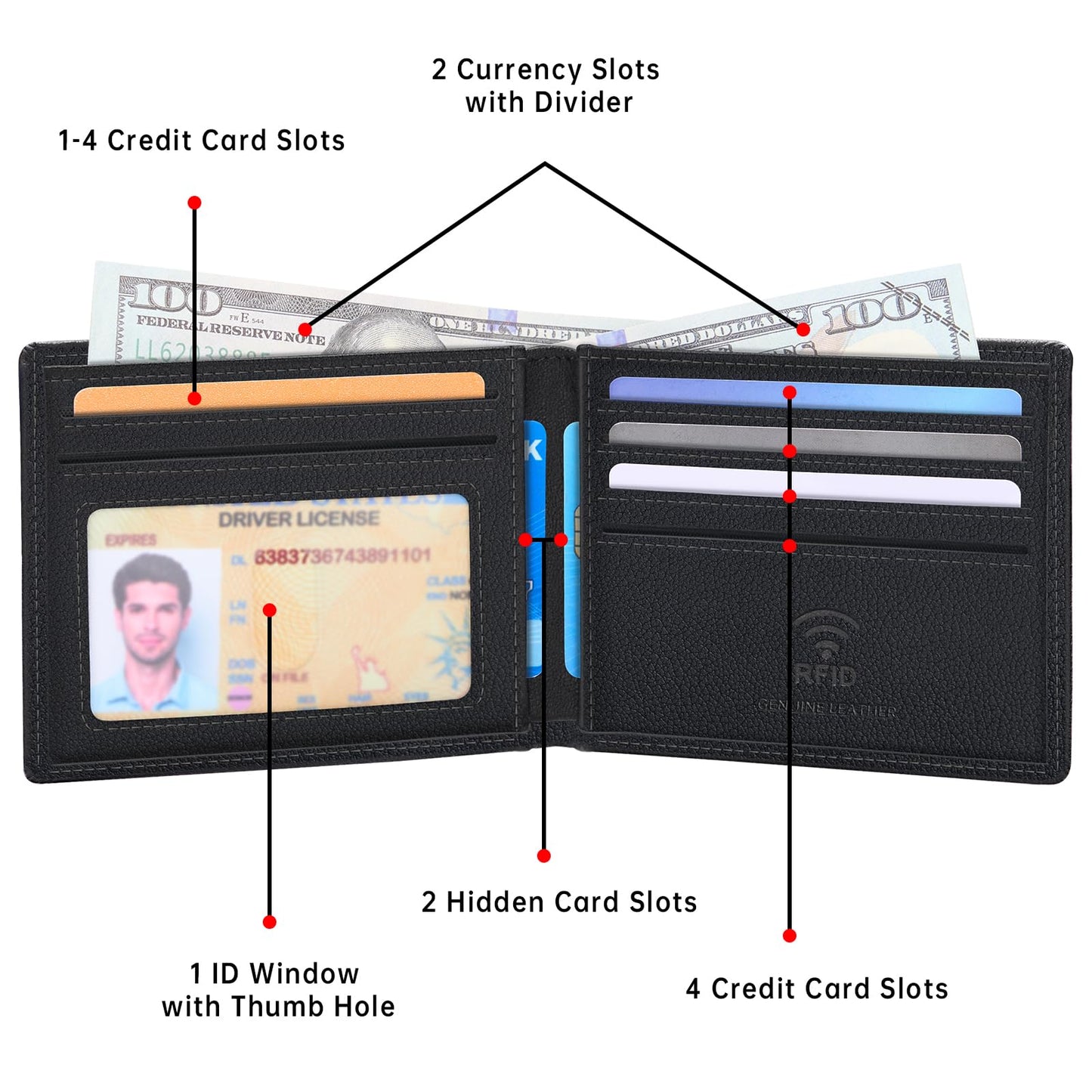 Real Leather Mens Bifold Wallet RFID Blocking Slim Minimalist Front Pocket - Thin & Stylish with ID Window in Gift Box (Nappa, Black)