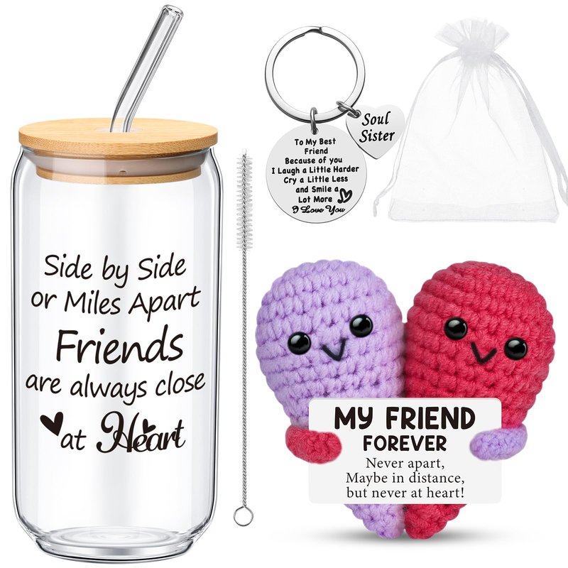 LemonRoad 4 Pack Valentines Galentines Day Friendship Gifts for Women 16 oz Glass Cup with Lid, Straw Brush, Heart Crochet and Keychain with Organza Bag Birthday Gift for Soul BFF Sister Bestie