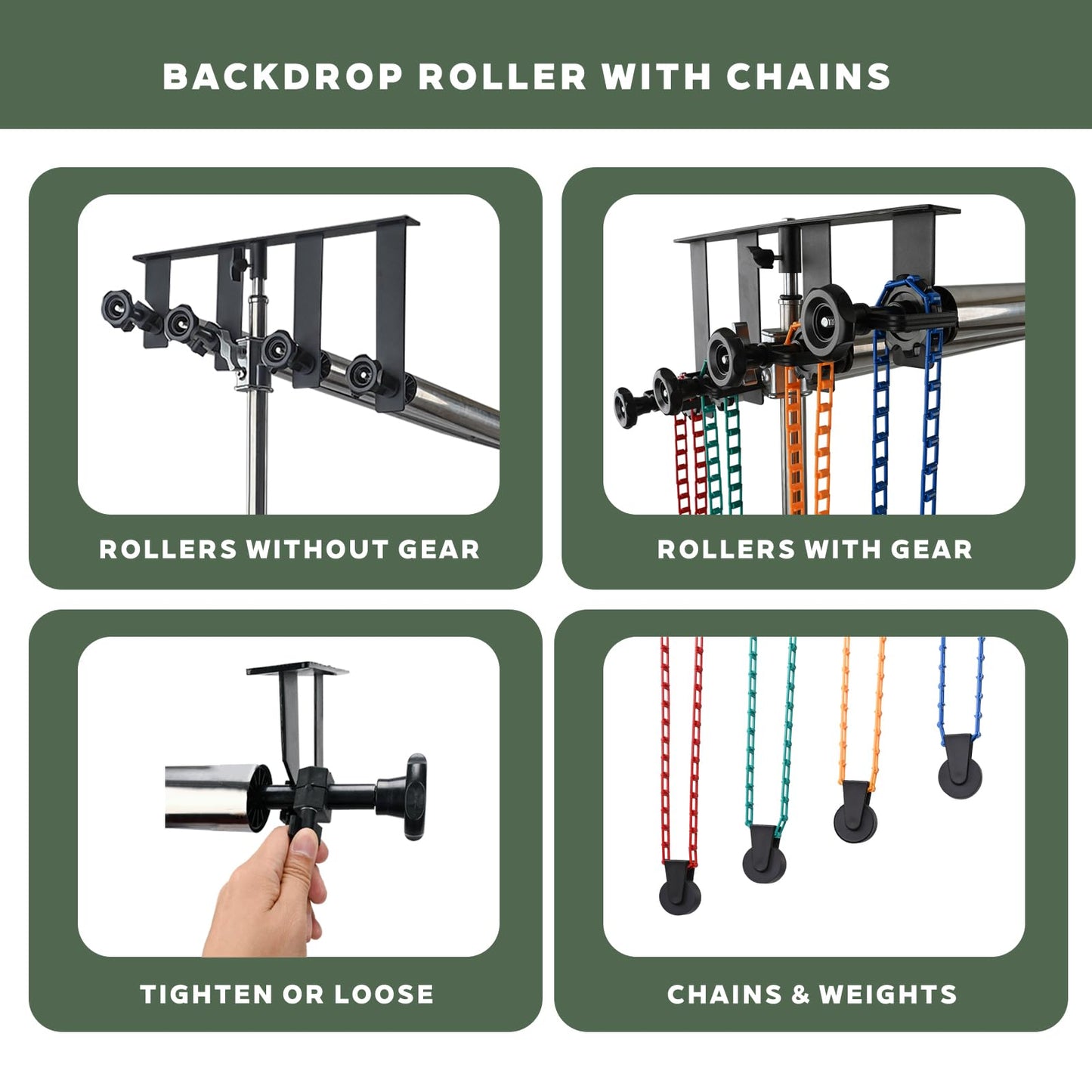 TENBEST Photography Backdrop Roller Support System, 4 Rollers, 120-inch Stainless Steel Crossbars, Wall/Celing/Light Stand Backdrop Mount, Background Support