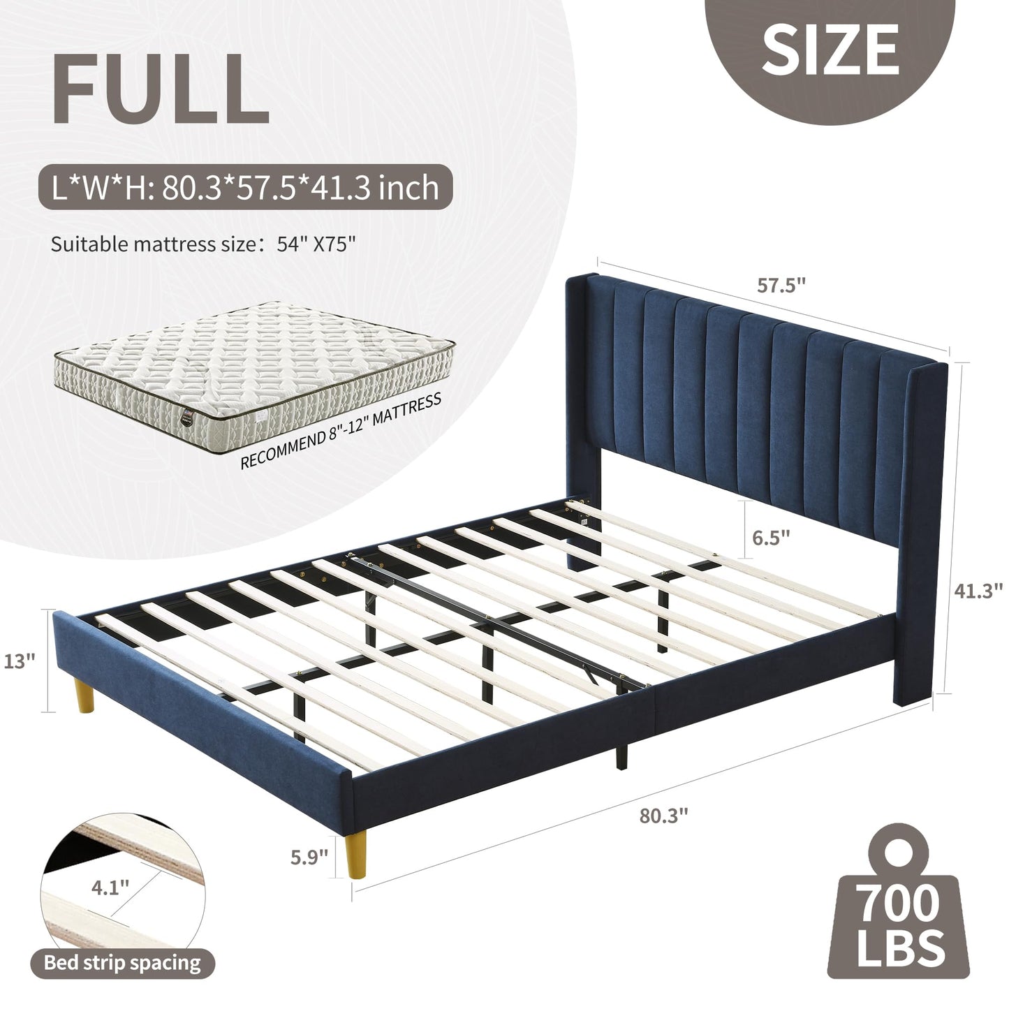 YUHUASHI upholstered Platform Bed Frame/Full Bed Frame/Modern Geometric Double-Wing Design headboard/Linen Fabric/Easy to Assemble no Noise (Navy Blue, Full)