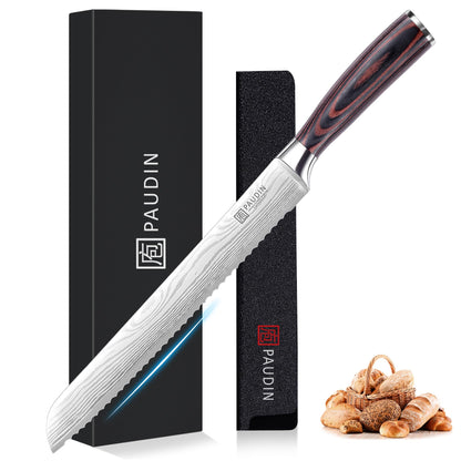 PAUDIN Bread Knife, 10 inch Serrated Knife, German Stainless Steel Bread Knife for Homemade Bread, Razor Sharp Edge for Efficient Slicing Sourdough Bread, Bagels, Cake