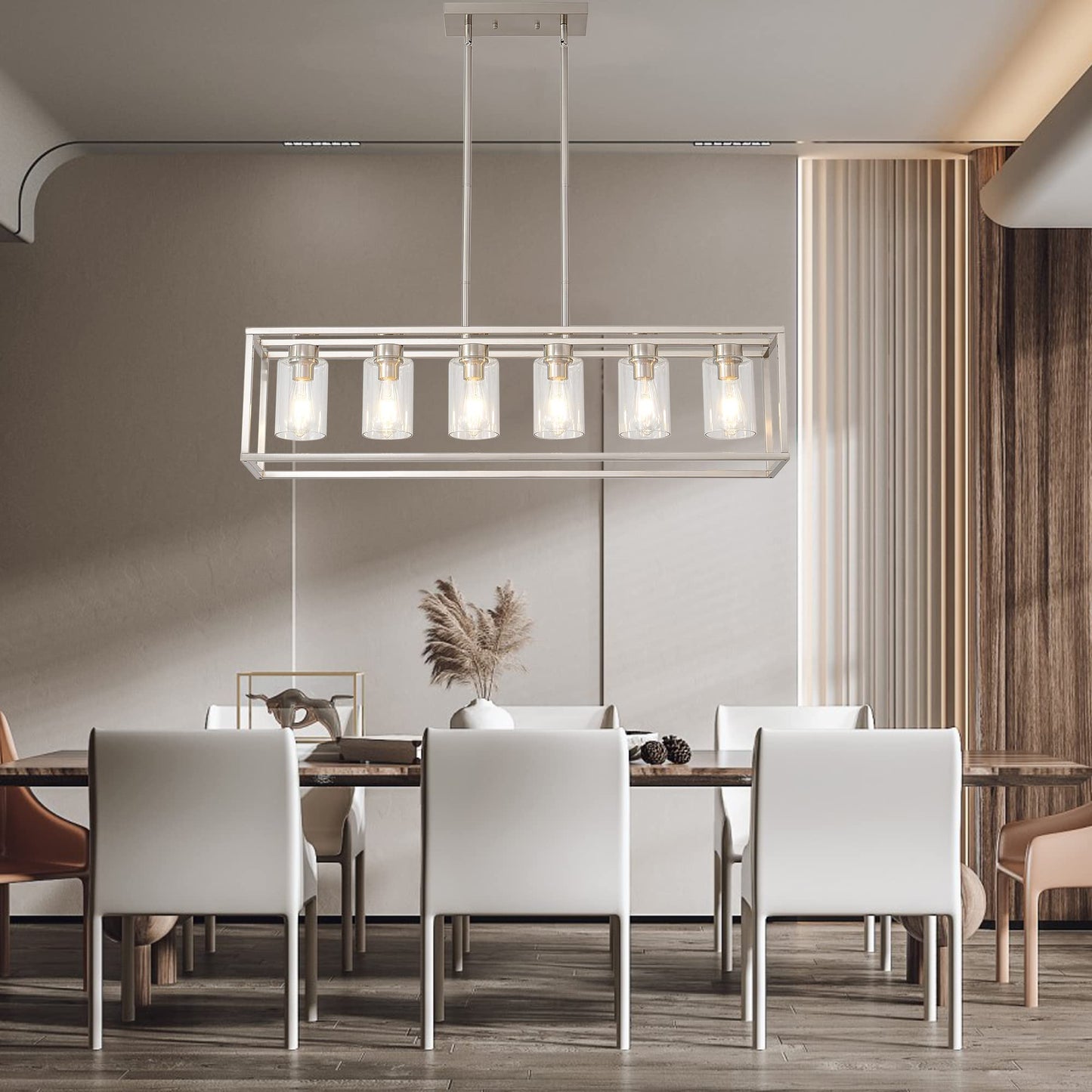 XILICON Dining Rooms Brushed Nickel Chandeliers,Kitchen Island Farmhouse Lighting Fixture Industrial Rustic Ceiling Hanging 6 Light Modern Pendant Light with Glass Shade