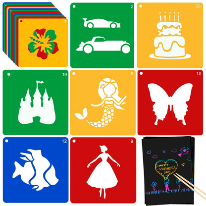 20 Pieces Stencils for Kids with 5 PCS Scratch Paper, 8 x 8 Inch Large Stencils Washable Craft Fun Chalk Template for Boys and Girls to Learn Painting