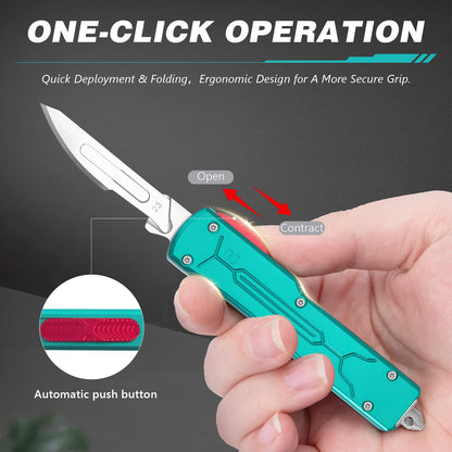 Automatic Utility Knife All Metal EDC Push Button Box Cutter with Quick-Change Retractable Blade, Includes 10pcs #23 Stainless Steel Blades & Clip,Knifes for Precision Work Green
