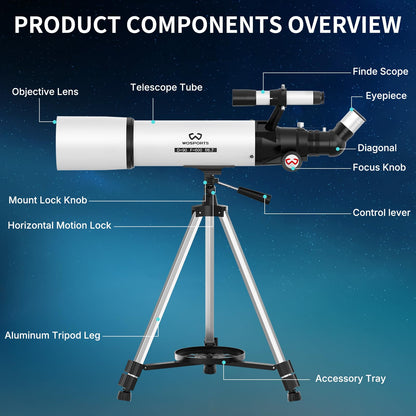 WOSPORTS Telescope for Adults High Powered, 90mm Aperture 600mm Astronomy Portable Professional Refractor Telescope for Beginners, Magnification 180X, with Adjustable Tripod, Phone Adapter, Carry Bag