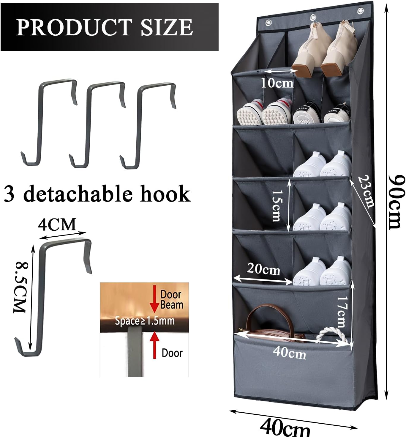 16 600D 6 1-Grid) Over the Door Shoe Organizer, Grey Pockets Hanging Shoe Storage Rack with Large Deep Pockets, Oxford