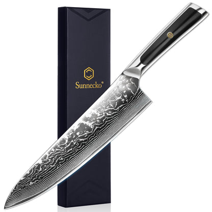 Sunnecko 8 Inch Japanese Damascus Chef Knife - Ultra Sharp 10-12 Degree Edge VG10 67 Layers Kitchen Cooking Knives for Meat, Vegetable & Fruit, Full Tang Forged Blade, Premium Father Day Gift Box