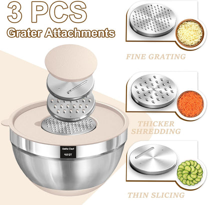 Umite Chef Mixing Bowls Set - 8PCS Stainless Steel Nesting Bowls with Airtight Lids & Grater | Non-Slip Bottoms, 1.5QT to 5QT