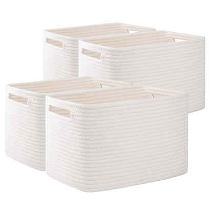 OIAHOMY 4 Pack Storage Baskets for Organizing, Cube Storage Bins for Shelves, Rectangle Storage Baskets With Handles, Woven Baskets for Storage, 16''Lx12''Wx8''H, White