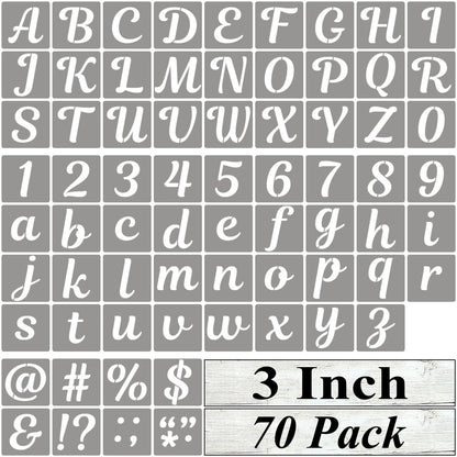 REOLAN 3 Inch Letter Stencils for Painting - 70 Pack Alphabet Letter and Number Stencil Templates with Signs for Painting, Reusable Cursive Alphabet Stencils for Chalkboard Wood Crafts & Wall Decor