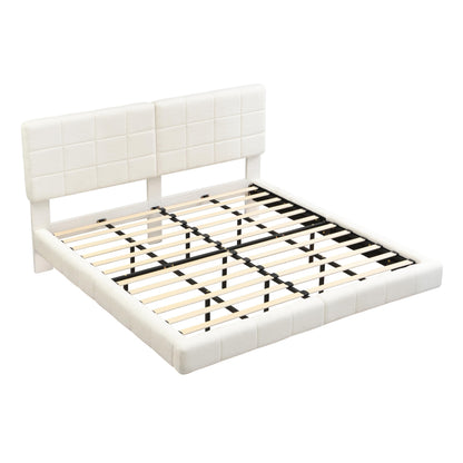 Merax King Size White Boucle Upholstered Platform Bed with Tall Headboard, Modern Floating Bed Frame with LED Lights for Bedroom, Solid Wood Slats Support, No Box Spring Needed, Easy Assembly