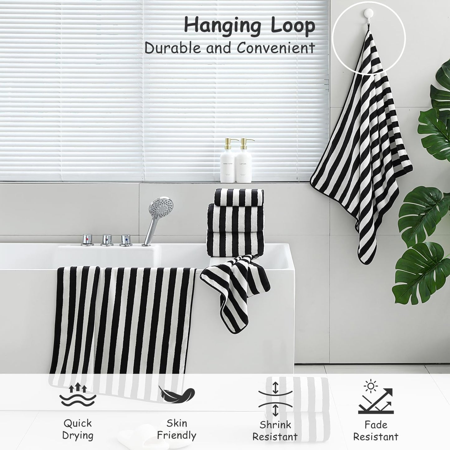 18 Set Loop-6 Towels,6 Towels,6 Set Pcs Black White Stripe Bath Towel with Hanging Bath Hand Washcloths Soft Family