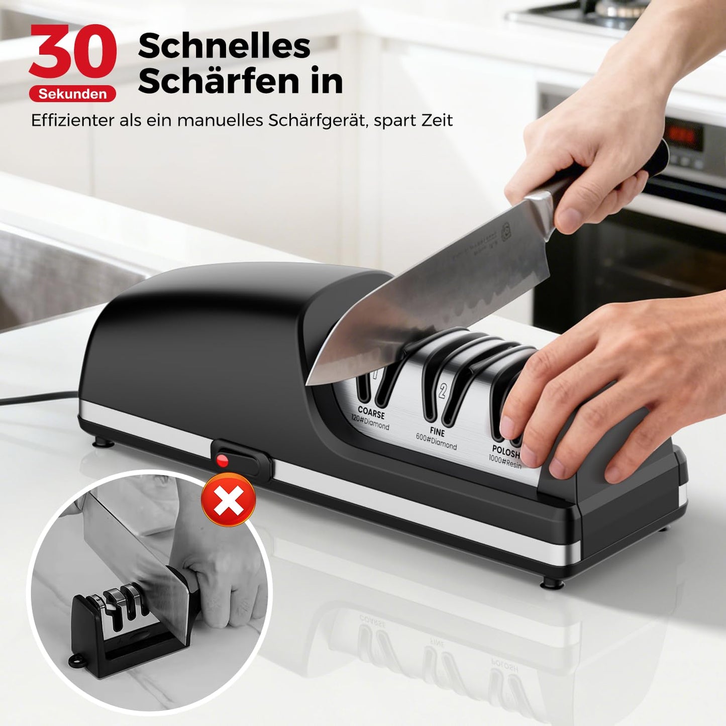 Professional Electric Knife Sharpener, 3-Stage Diamond Abrasive Sharpening System, Replaceable Sharpening Heads, 15° Precision Angle Guide for Kitchen Knives, Quick Blade Repair and Restoration