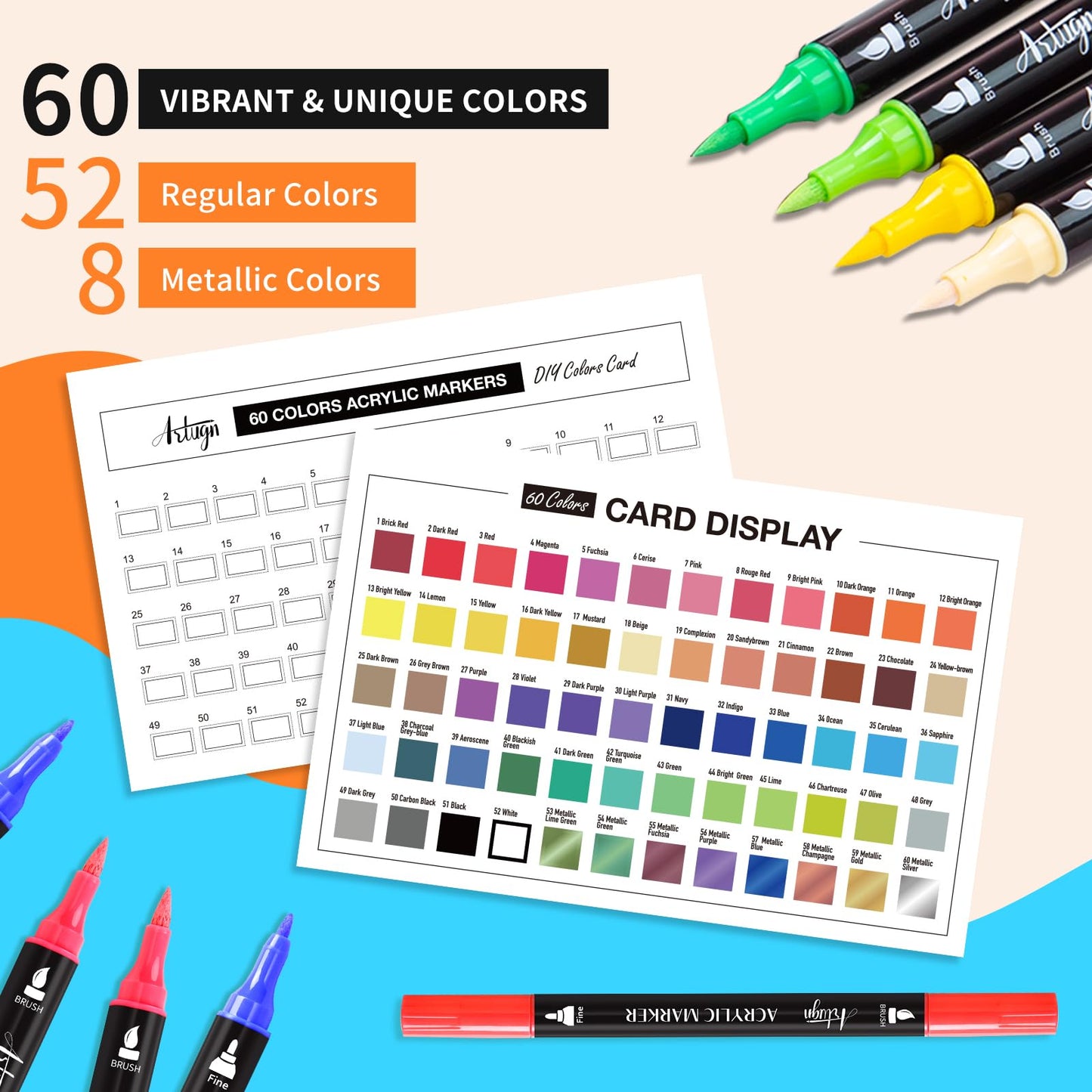 Artugn 60 Colors Acrylic Paint Pens, Dual Tip Pens With Fine Tip and Brush Tip for Rock Painting, Ceramic, Wood, Plastic, Calligraphy, Scrapbooking, Brush Lettering, Card Making, DIY Crafts