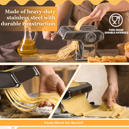 Hushee 8 Pcs Pasta Maker Machine Set Including Stainless Steel Noodle Maker Machine Wood Pasta Drying Rack Ravioli Stamp Maker Cutter with Pasta Cutter Wheel Mini Rolling Pin Cleaning Brush