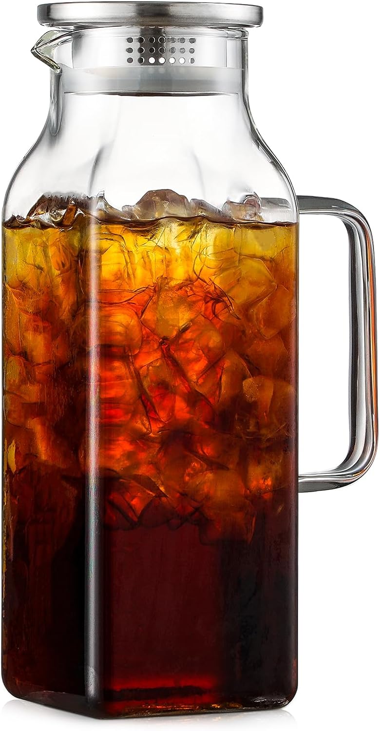 2 (2 68 oz) Quart Liter Square Glass Pitcher with Lid and Spout, Water Pitchers with Handle for Fridge, Borosilicate
