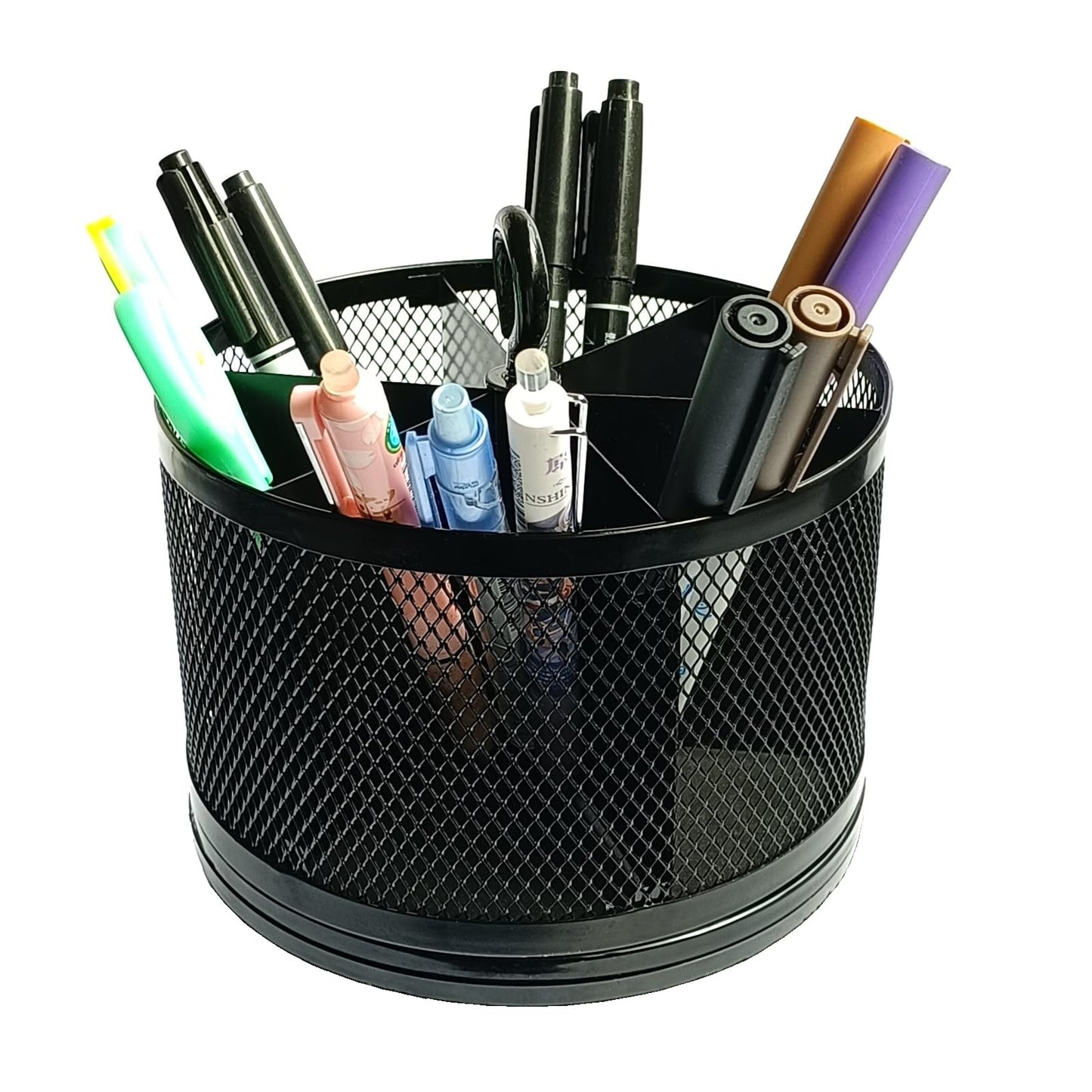 SETTFRFE Rotating Pen Holder for Desk,6-Compartment Metal Pen Container with Handle, Multi-Functional Desk Organizer for Office Supplies, Art Tools &Makeup Brushes, Black (Metal Mesh Style)