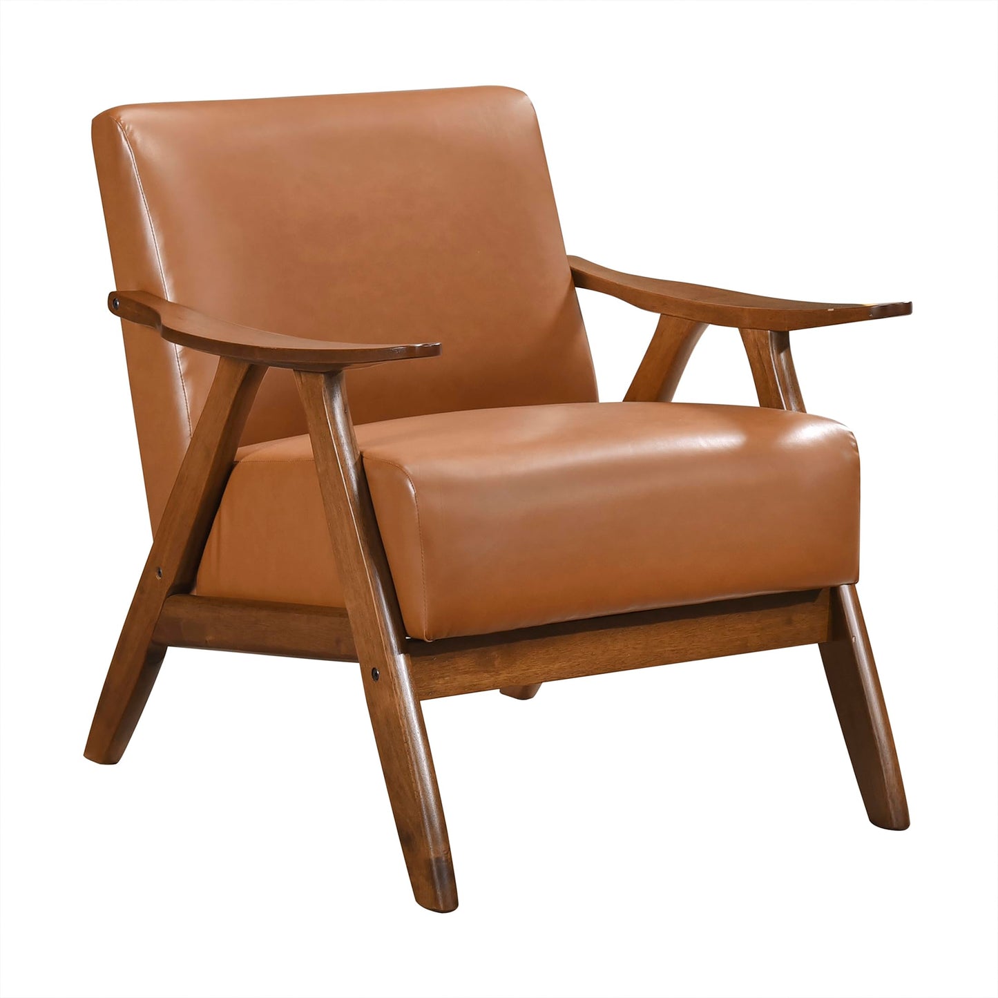 Lexicon Mid Century Modern Accent Chair with Solid Wood Frame in Walnut Finish, Faux Leather Living Room Lounge Arm Chair, Thick and Comfy Innerspring Seat Cushion, Brown
