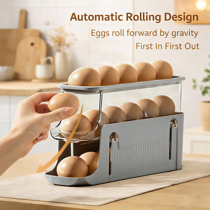 Printe Egg Holder for Fridge, Rolling Egg Holder for Refrigerator, Automatic Egg Dispenser Organizer, Egg Storage Container Rack for Refrigerator Countertop, Space Saving Fridge Organizer （Grey）