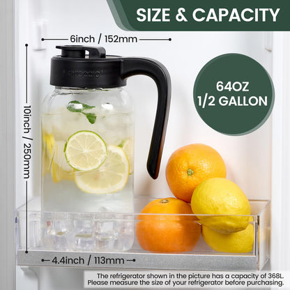 Spreccio Mason Jar Pitcher - Airtight & Leakproof Glass Pitcher with Lid, Perfect for Breastmilk, Cold Brew, and Sun Tea, 2 Quart (64 oz) 1/2 Gallon Mason Jar with Pour Spout Lid