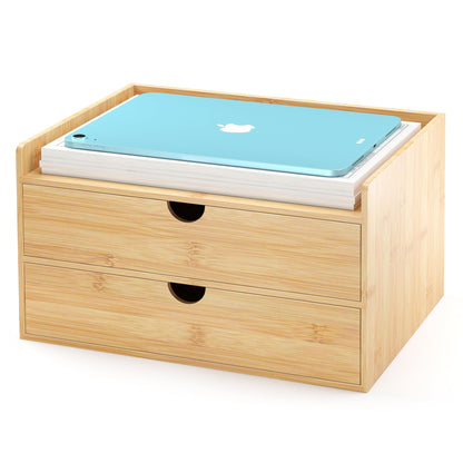 Bamboo Desk Drawer Organizer, Large Desktop Organizer with Drawers Tabletop Storage Organization Box for Office Home Toiletries Supplies Vanity, No Assembly Required (2 Drawer with Shelf)