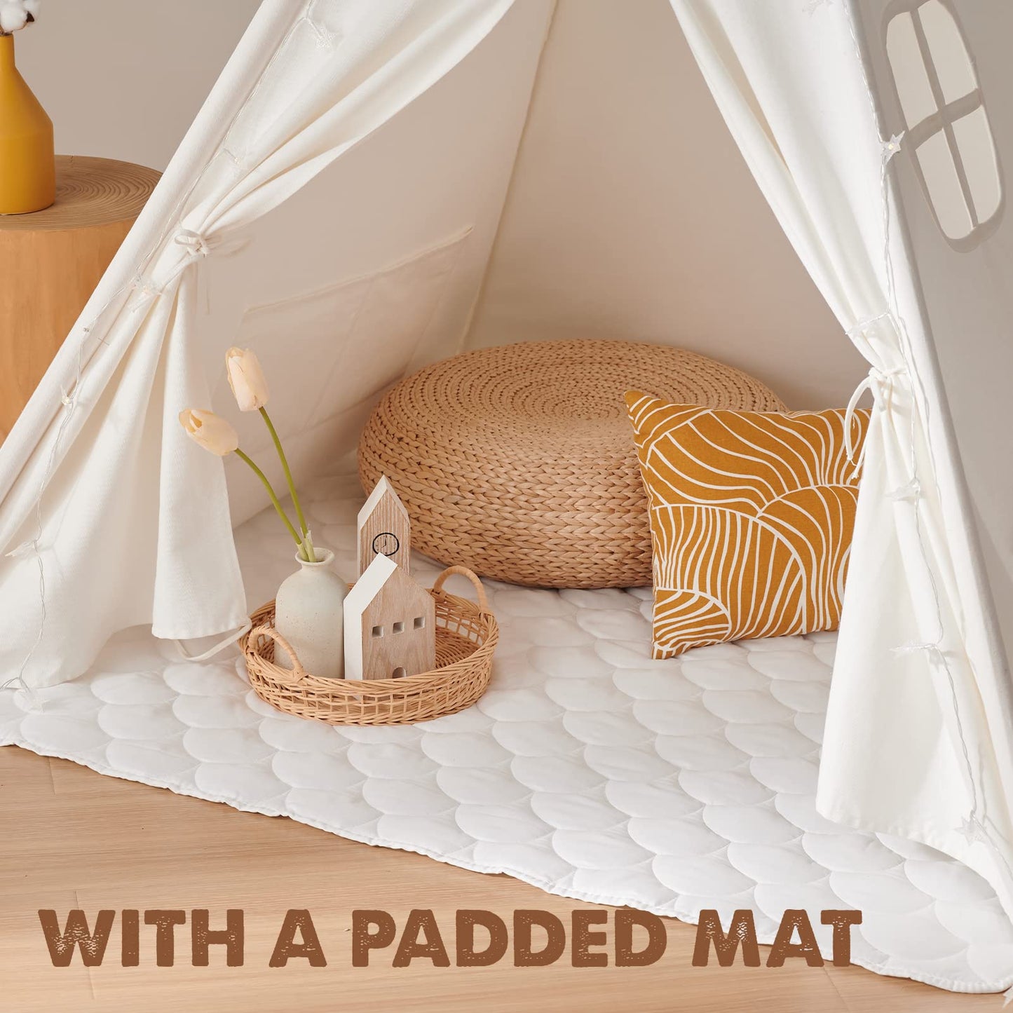 Tiny Land Teepee Tent for Kids – 100% Cotton Play Tent with Padded Mat & Star Lights, Foldable with Carry Bag, Indoor Play Tent for Girls & Boys