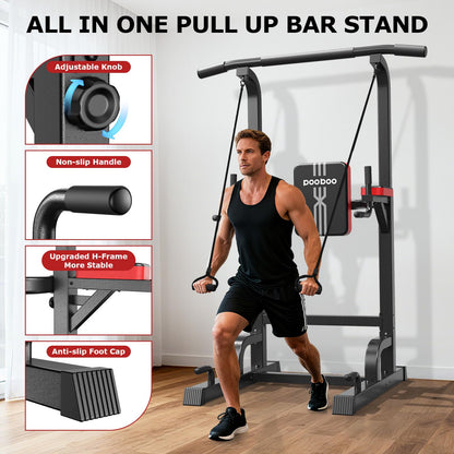 Power Tower Dip Station Pull Up Bar for Fitness Home Gym Workout,Multi-Function Adjustable Height Fitness Strength Training Exercise Equipment,with Power Elastic Ropes,Black Red-02